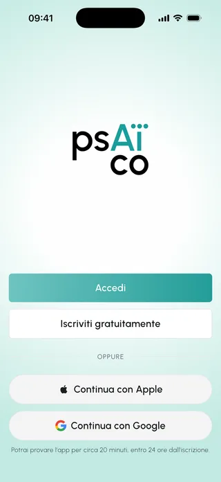 Schermata iniziale di psAico con i pulsanti Accedi, Iscriviti gratuitamente, Continua con Apple e Continua con Google.