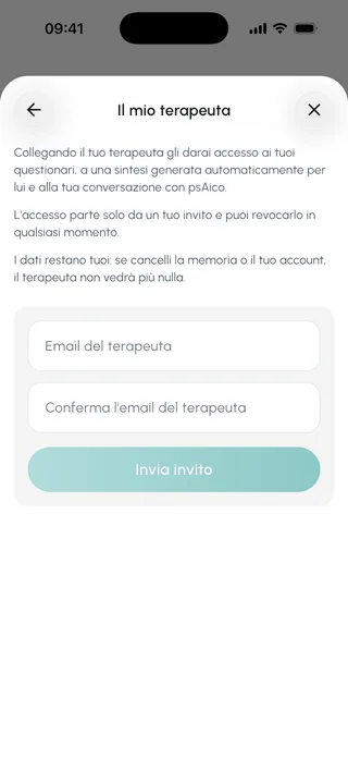 Schermata di psAico «Il mio terapeuta», con il modulo per invitare il proprio terapeuta via email.