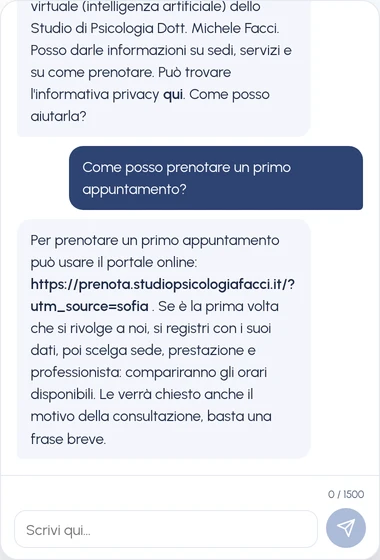 Schermata reale di Sofia con il collegamento al portale di prenotazione dello Studio e le indicazioni per il primo accesso.