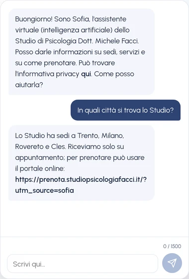 Schermata reale: alla domanda sulle città in cui si trova lo Studio, Sofia risponde Trento, Milano, Rovereto e Cles.