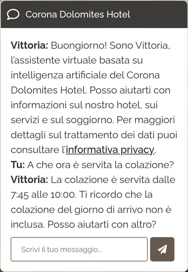 Schermata reale: alla domanda sull’orario della colazione, Vittoria risponde dalle 7:45 alle 10:00 e ricorda che la colazione del giorno di arrivo non è inclusa.