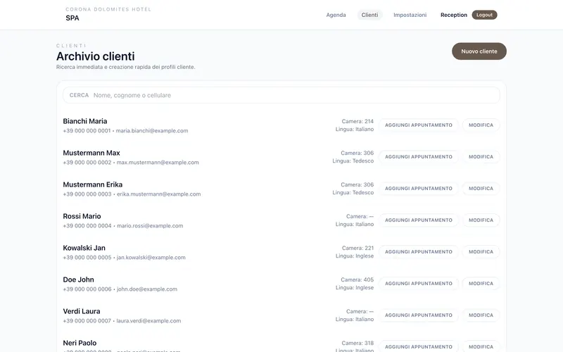 Archivio ospiti con numero di camera, lingua e pulsanti per aggiungere un appuntamento.