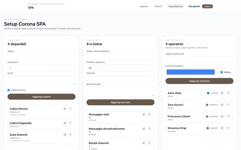 Pagina di configurazione con cabine, listino dei trattamenti e team delle operatrici.