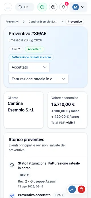 Dettaglio di un preventivo in MoDo su telefono, con valore economico, revisioni e storico degli eventi.