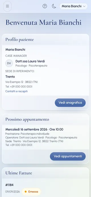 Area pazienti di Synaptic su telefono: prossimo appuntamento, professionista di riferimento e ultime fatture.