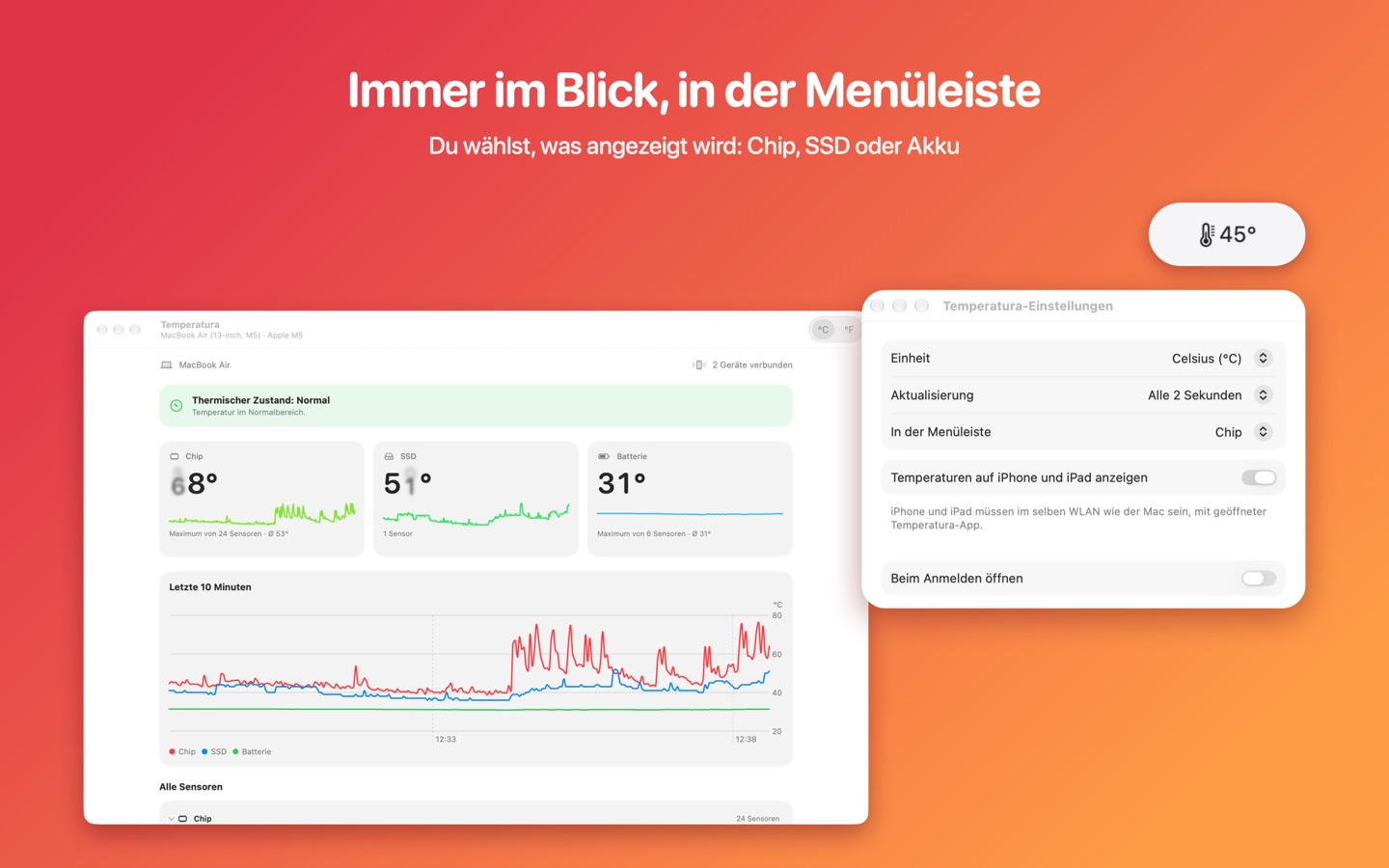 Die Temperatur in der Menüleiste und die Einstellungen der App