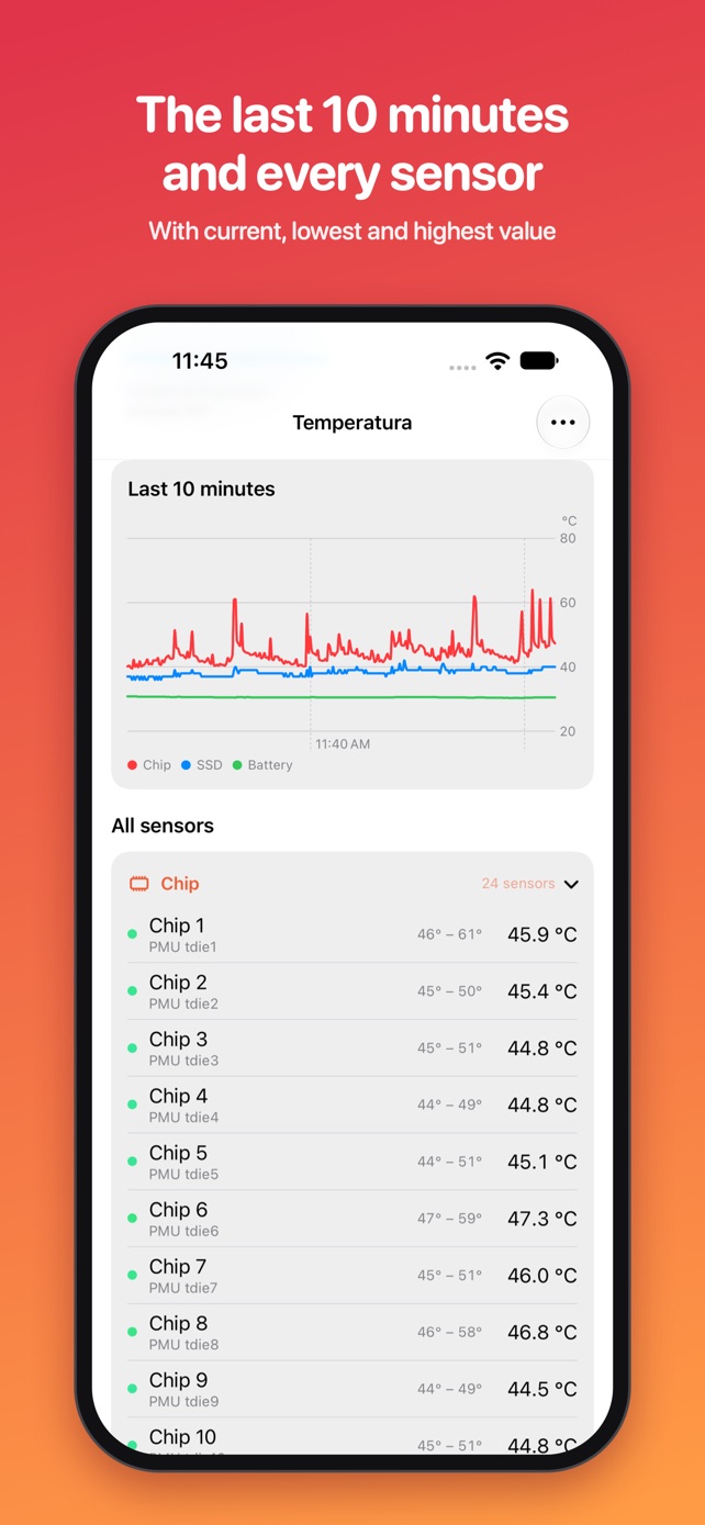 The chart of the last 10 minutes and the list of sensors on iPhone