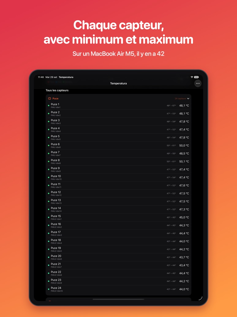 La liste des capteurs avec minimum et maximum sur iPad