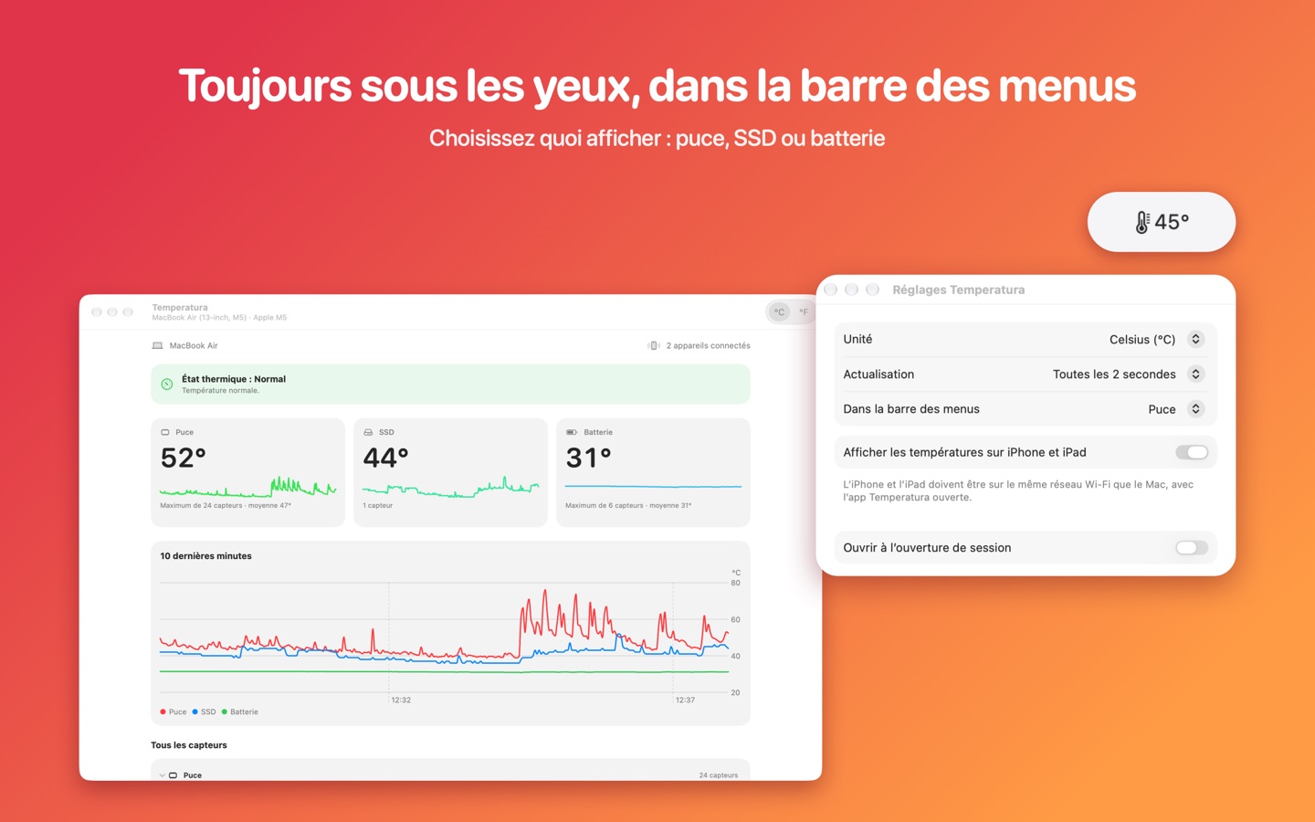 La température dans la barre des menus et les réglages de l’app