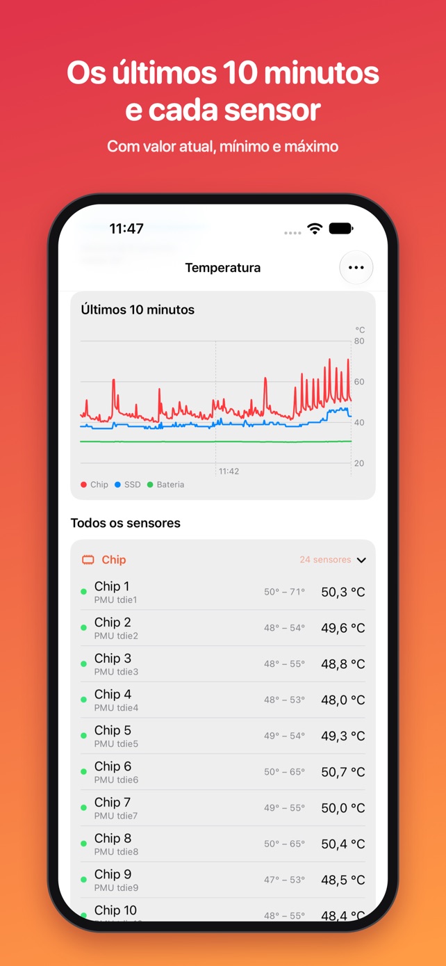 O gráfico dos últimos 10 minutos e a lista de sensores no iPhone